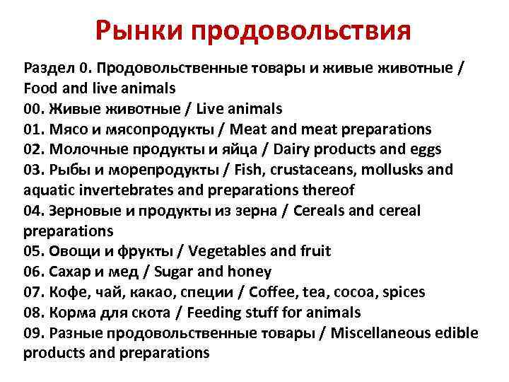 Рынки продовольствия Раздел 0. Продовольственные товары и живые животные / Food and live animals