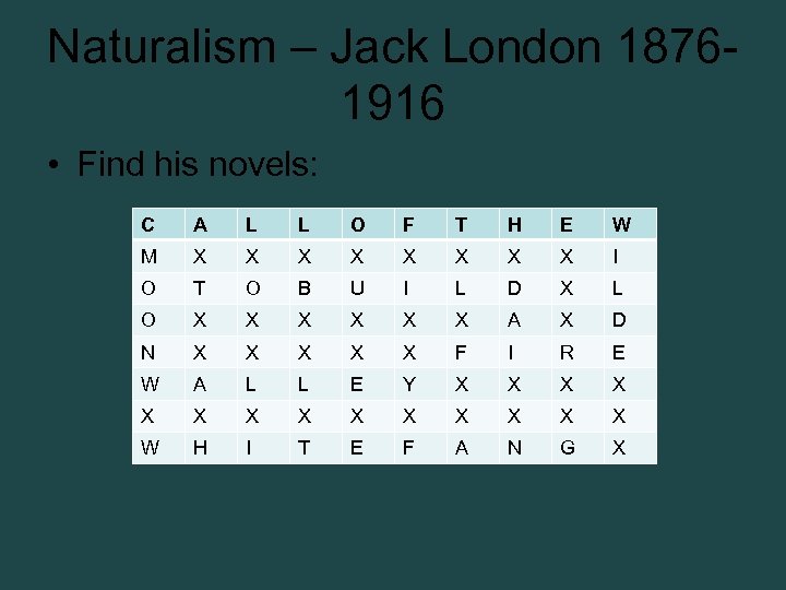 Naturalism – Jack London 18761916 • Find his novels: C A L L O
