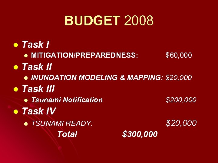 BUDGET 2008 l Task I l l INUNDATION MODELING & MAPPING: $20, 000 Task