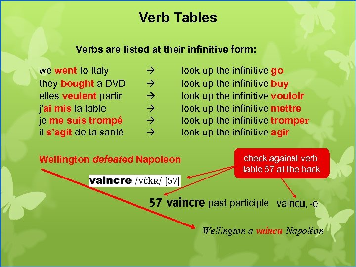Verb Tables Verbs are listed at their infinitive form: we went to Italy they