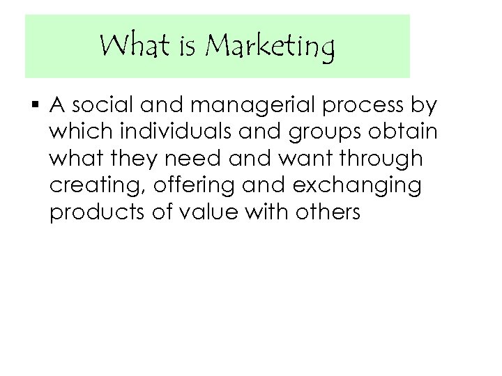 What is Marketing § A social and managerial process by which individuals and groups