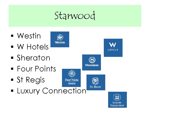 Starwood § § § Westin W Hotels Sheraton Four Points St Regis Luxury Connection