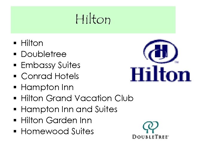 Hilton § § § § § Hilton Doubletree Embassy Suites Conrad Hotels Hampton Inn