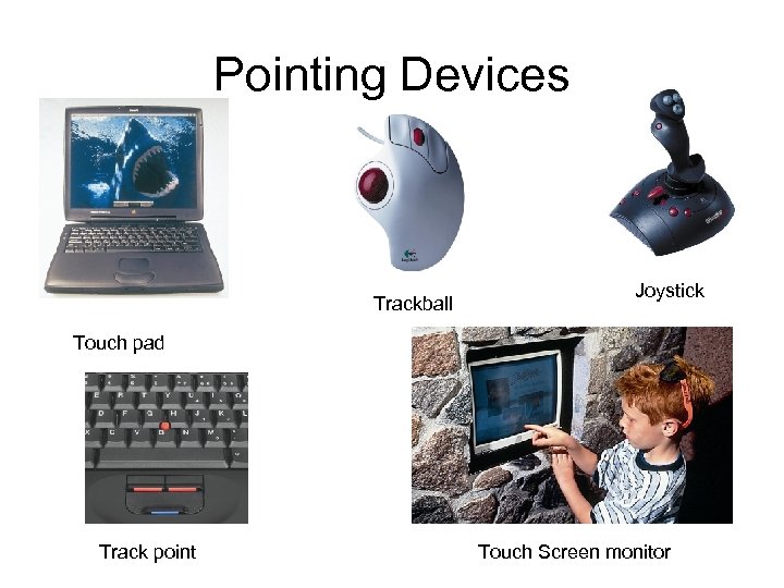 Pointing Devices Trackball Joystick Touch pad Track point Touch Screen monitor 