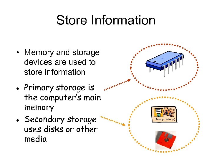 Store Information • Memory and storage devices are used to store information l l