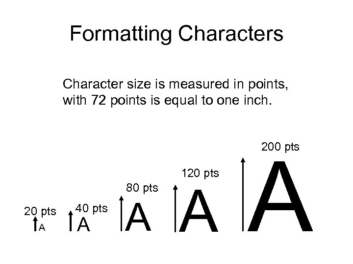 Formatting Characters Character size is measured in points, with 72 points is equal to
