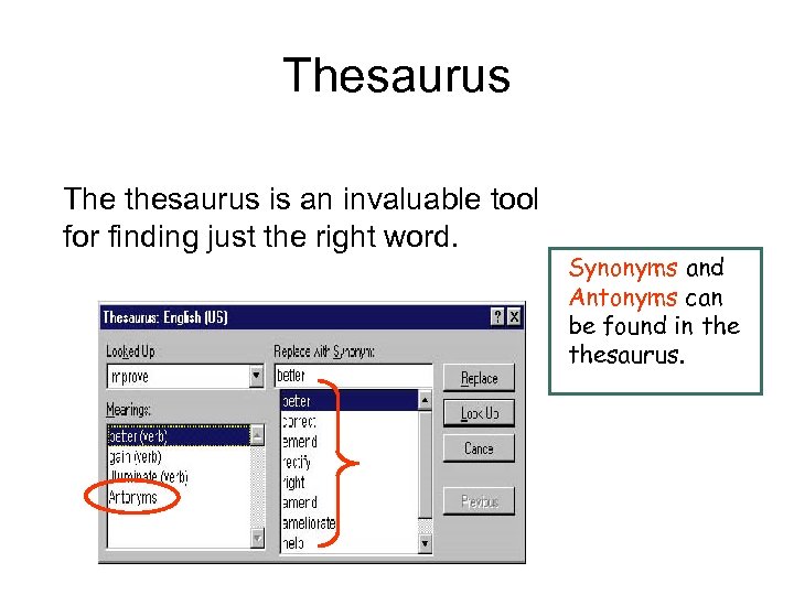 Thesaurus The thesaurus is an invaluable tool for finding just the right word. Synonyms