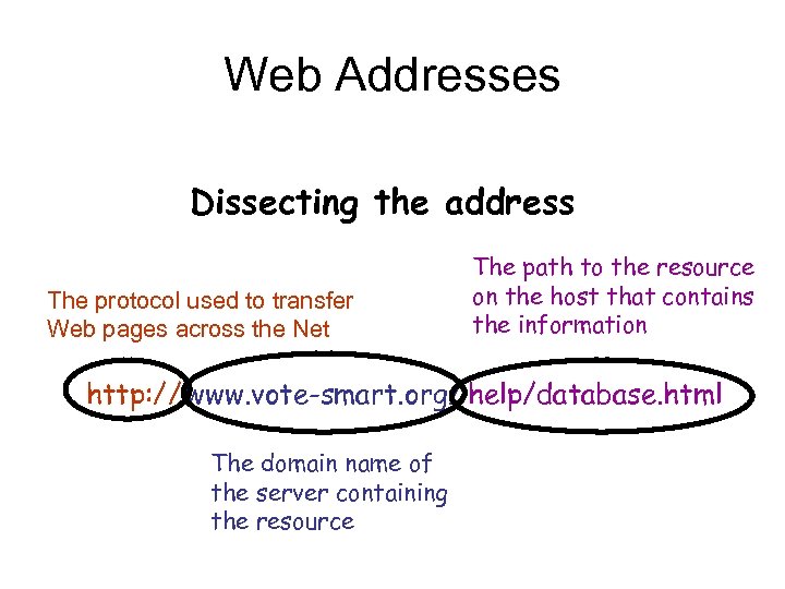 Web Addresses Dissecting the address The protocol used to transfer Web pages across the