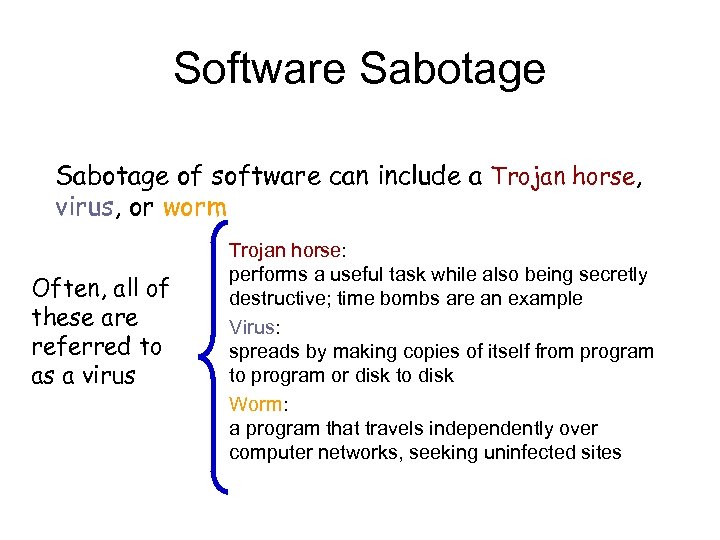Software Sabotage of software can include a Trojan horse, virus, or worm Often, all
