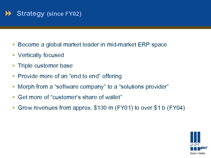 Strategy (since FY 02) § Become a global market leader in mid-market ERP space