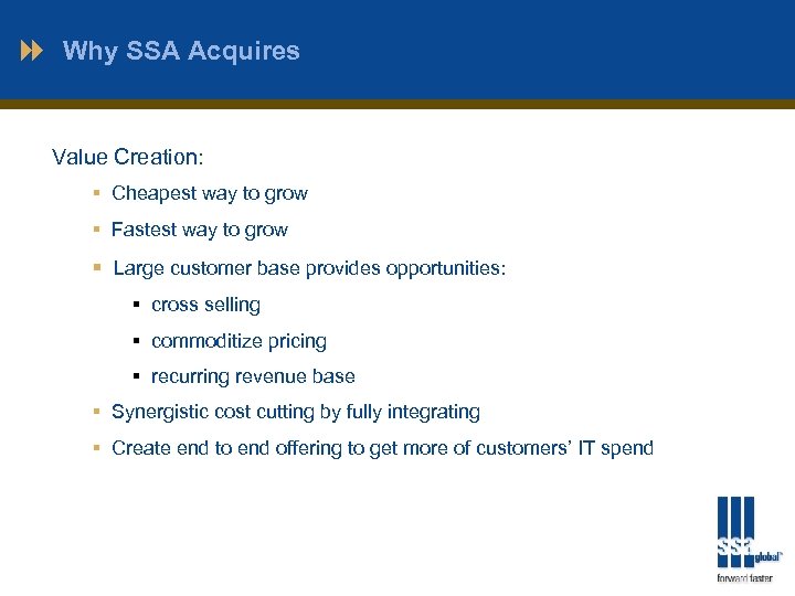 Why SSA Acquires Value Creation: § Cheapest way to grow § Fastest way to