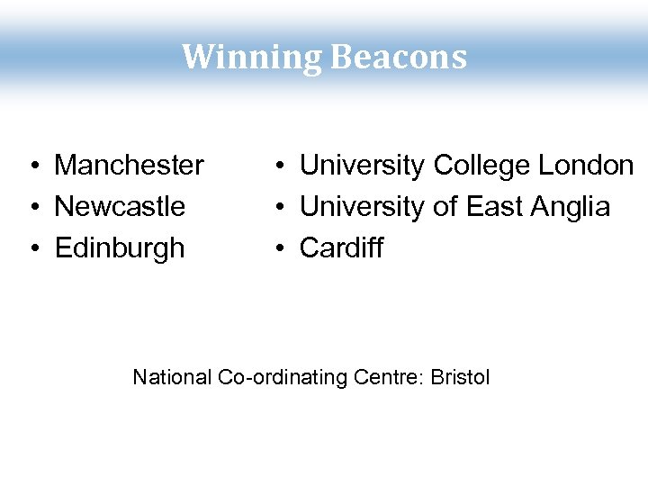 Winning Beacons • Manchester • Newcastle • Edinburgh • University College London • University