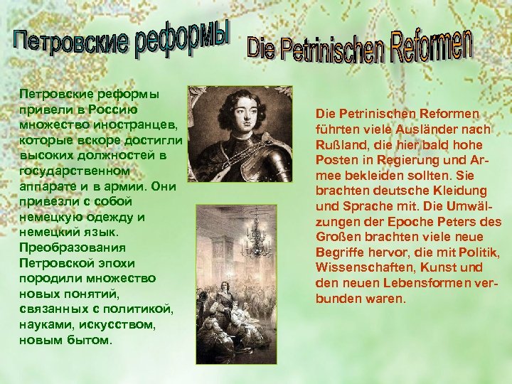 Петровские реформы привели в Россию множество иностранцев, которые вскоре достигли высоких должностей в государственном