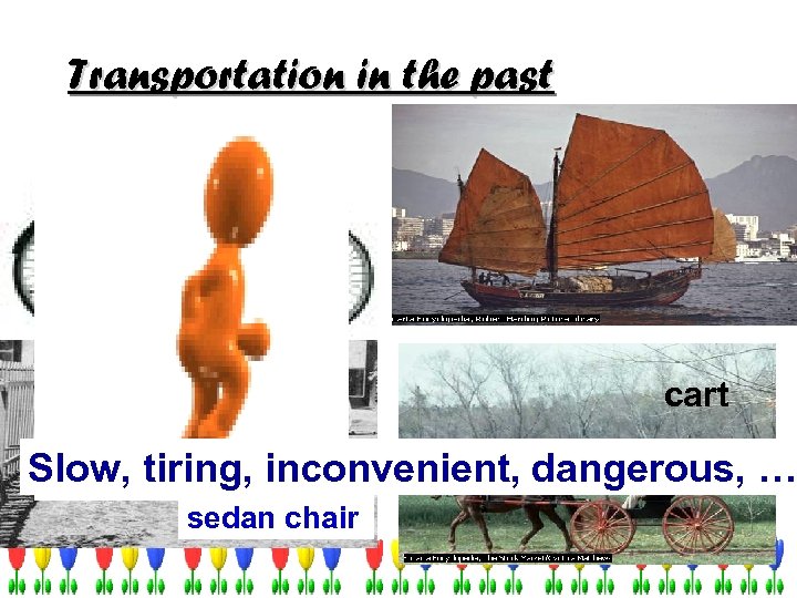 Transportation in the past cart Slow, tiring, inconvenient, dangerous, … sedan chair 