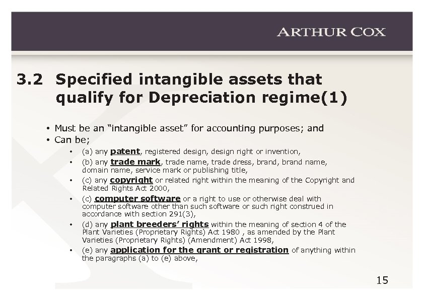 3. 2 Specified intangible assets that qualify for Depreciation regime(1) • Must be an