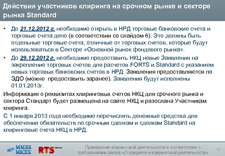 Действия участников клиринга на срочном рынке и секторе рынка Standard • До 21. 12.