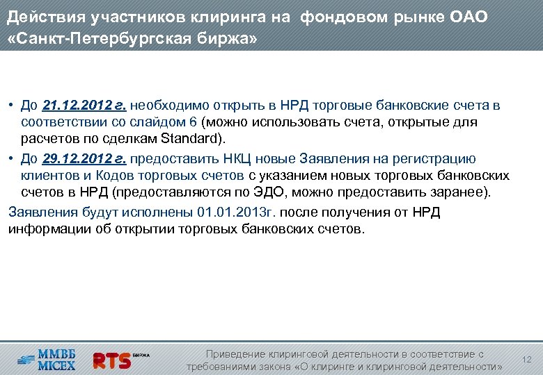 Действия участников клиринга на фондовом рынке ОАО «Санкт-Петербургская биржа» • До 21. 12. 2012