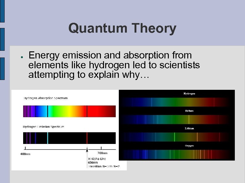 Quantum Theory ● Energy emission and absorption from elements like hydrogen led to scientists