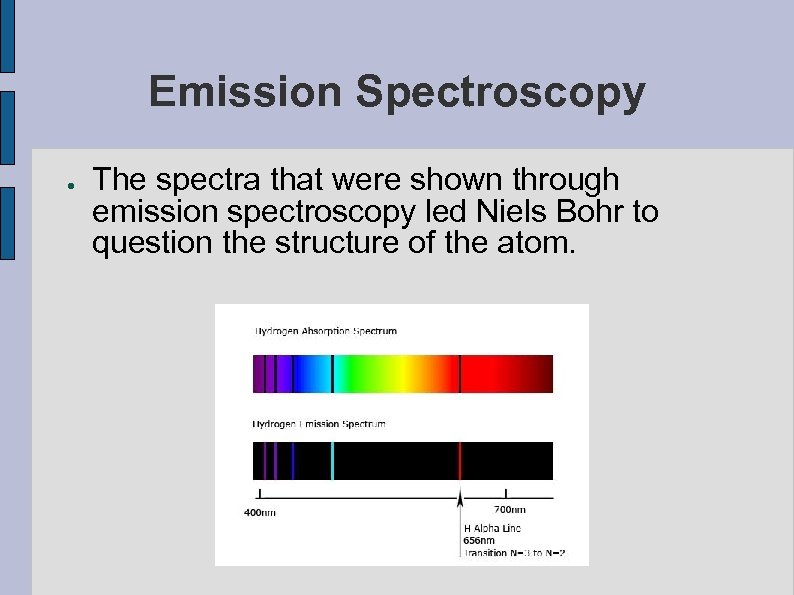 Emission Spectroscopy ● The spectra that were shown through emission spectroscopy led Niels Bohr