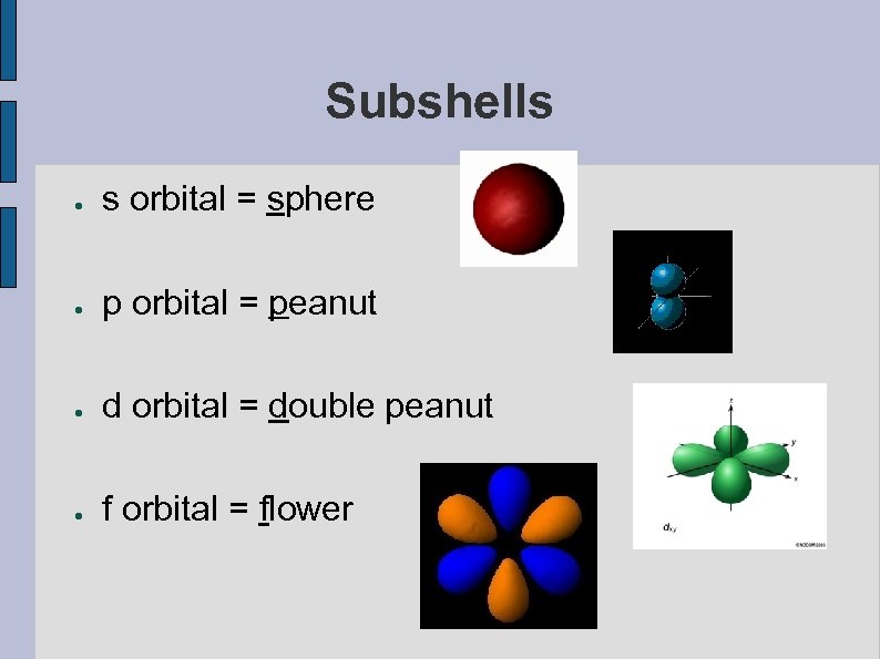 Subshells ● s orbital = sphere ● p orbital = peanut ● d orbital