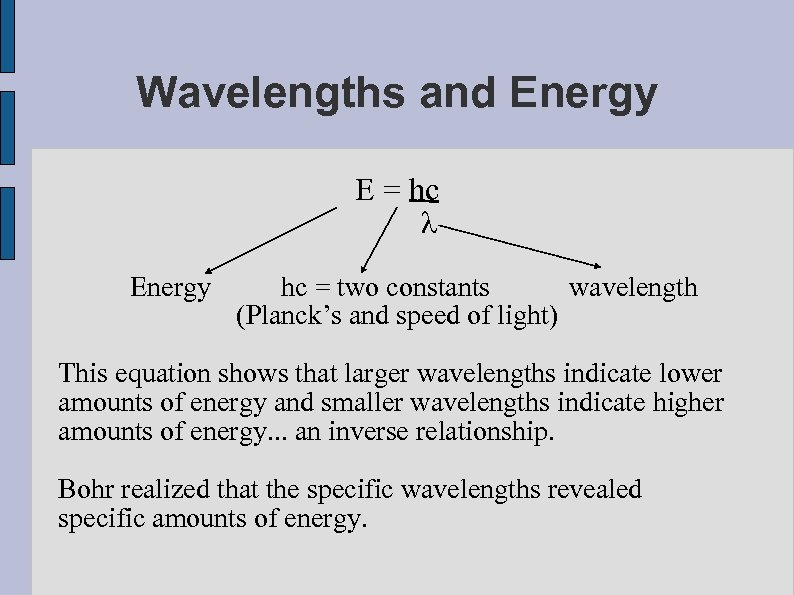 Wavelengths and Energy E = hc λ Energy hc = two constants wavelength (Planck’s