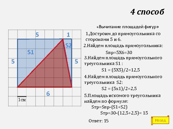 4 способ «Вычитание площадей фигур» 5 1 S 2 S 1 5 5 6