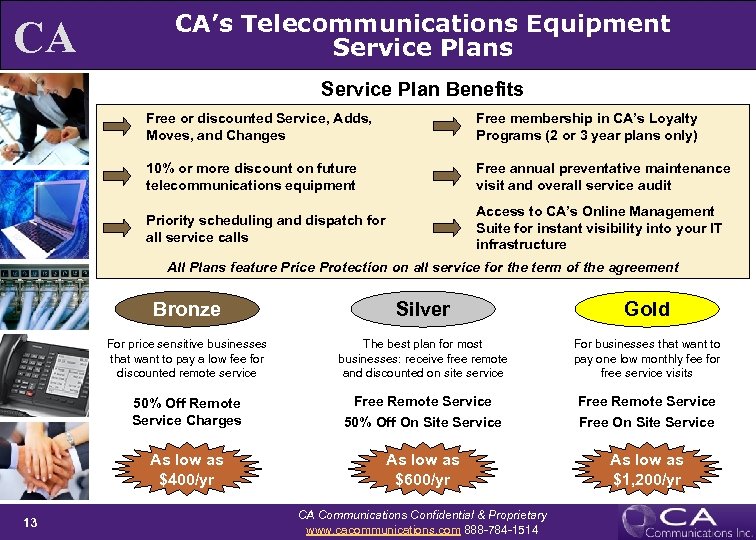 CA CA’s Telecommunications Equipment Service Plans Service Plan Benefits Free or discounted Service, Adds,