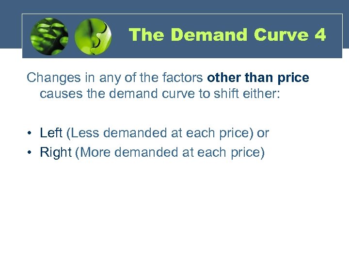 The Demand Curve 4 Changes in any of the factors other than price causes