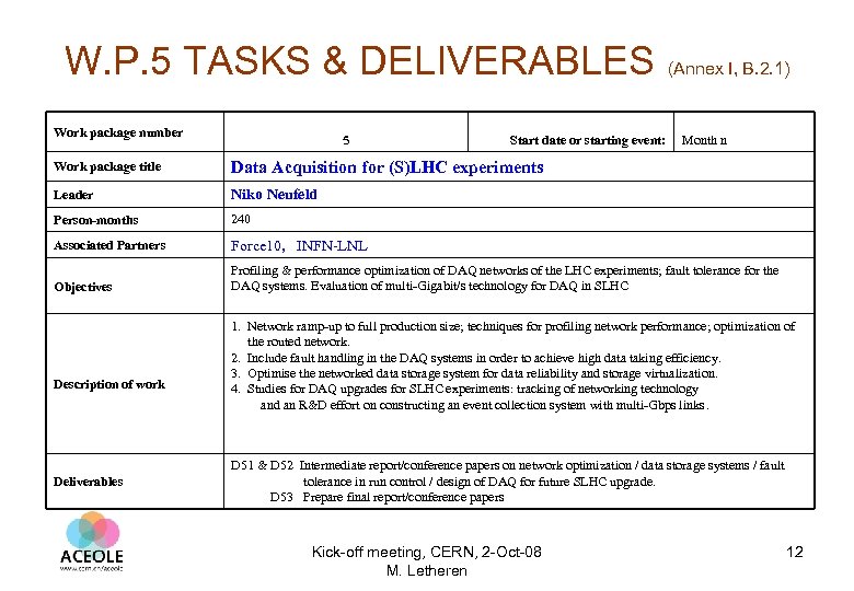 W. P. 5 TASKS & DELIVERABLES Work package number 5 Start date or starting