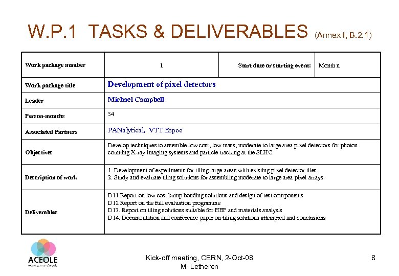 W. P. 1 TASKS & DELIVERABLES Work package number 1 Start date or starting