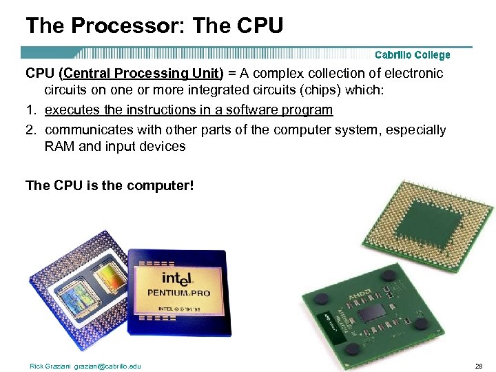 The Processor: The CPU (Central Processing Unit) = A complex collection of electronic circuits