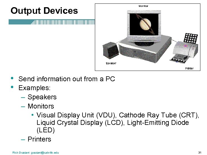 Output Devices • • Send information out from a PC Examples: – Speakers –