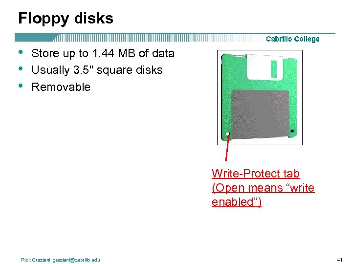 Floppy disks • • • Store up to 1. 44 MB of data Usually