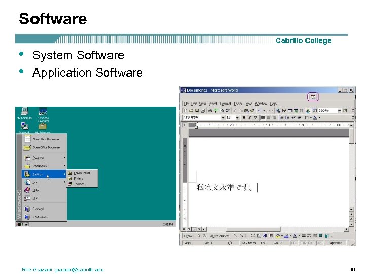 Software • • System Software Application Software Rick Graziani graziani@cabrillo. edu 49 