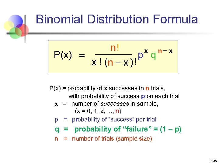Binomial Distribution Formula n! x n-x P(x) = p q x ! (n -