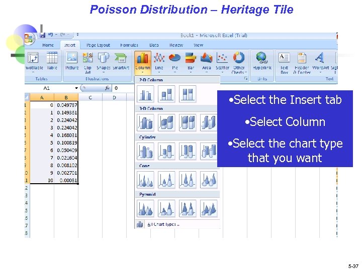 Poisson Distribution – Heritage Tile • Select the Insert tab • Select Column •