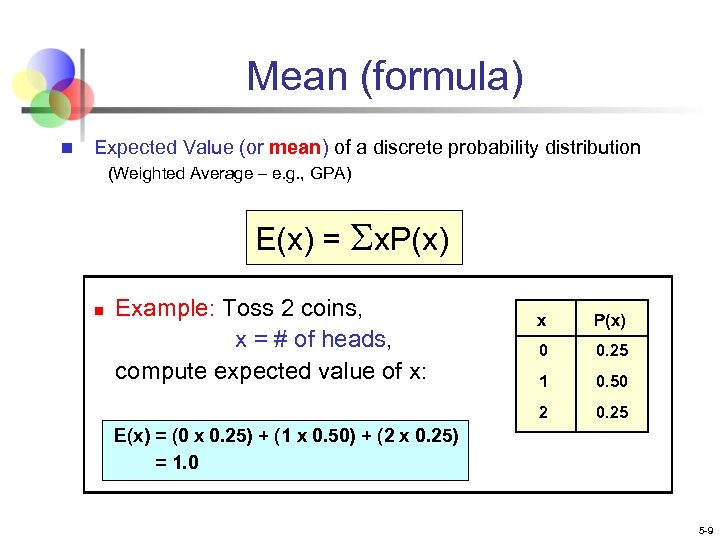 Mean (formula) n Expected Value (or mean) of a discrete probability distribution (Weighted Average