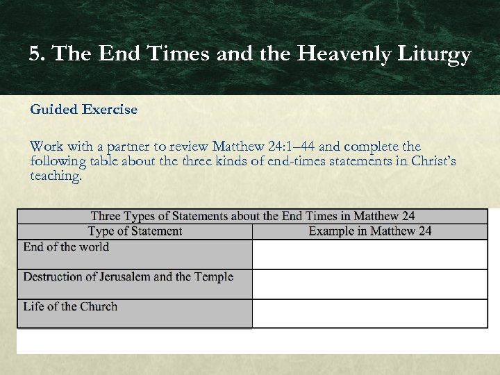 5. The End Times and the Heavenly Liturgy Guided Exercise Work with a partner