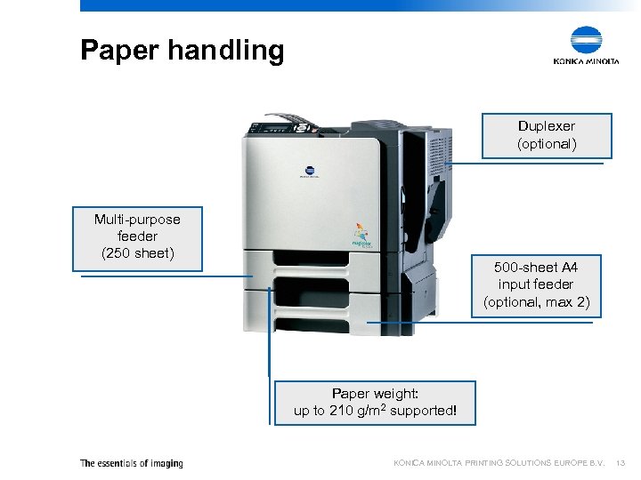 Paper handling Duplexer (optional) Multi-purpose feeder (250 sheet) 500 -sheet A 4 input feeder