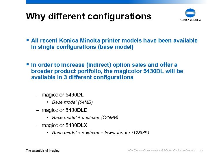 Why different configurations § All recent Konica Minolta printer models have been available in