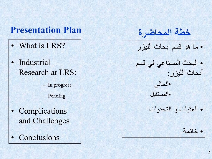 Presentation Plan ﺧﻄﺔ ﺍﻟﻤﺤﺎﺿﺮﺓ • What is LRS? • ﻣﺎ ﻫﻮ ﻗﺴﻢ ﺃﺒﺤﺎﺙ ﺍﻟﻠﻴﺰﺭ