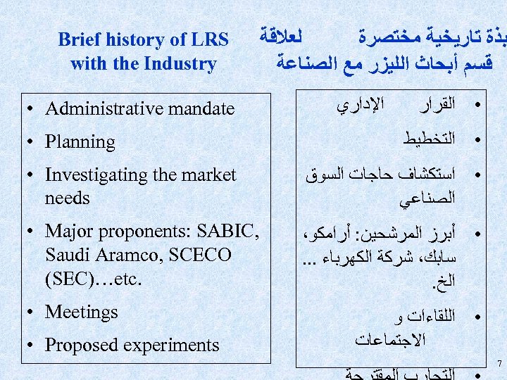 Brief history of LRS with the Industry • Administrative mandate • Planning ﻟﻌﻼﻗﺔ ﺒﺬﺓ