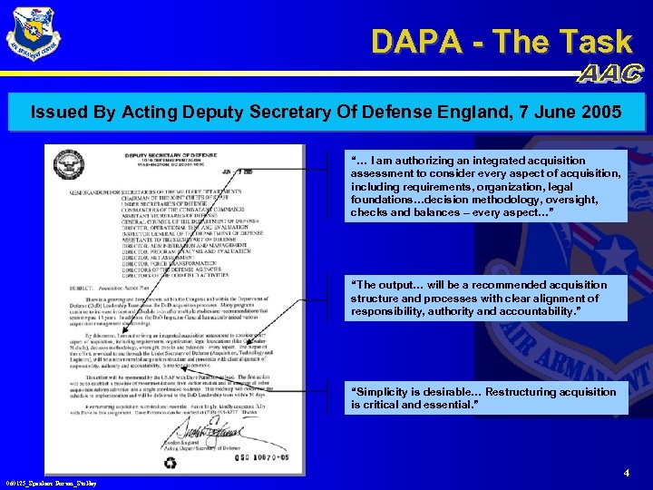 DAPA - The Task Issued By Acting Deputy Secretary Of Defense England, 7 June