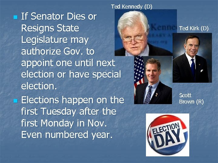 Ted Kennedy (D) n n If Senator Dies or Resigns State Legislature may authorize