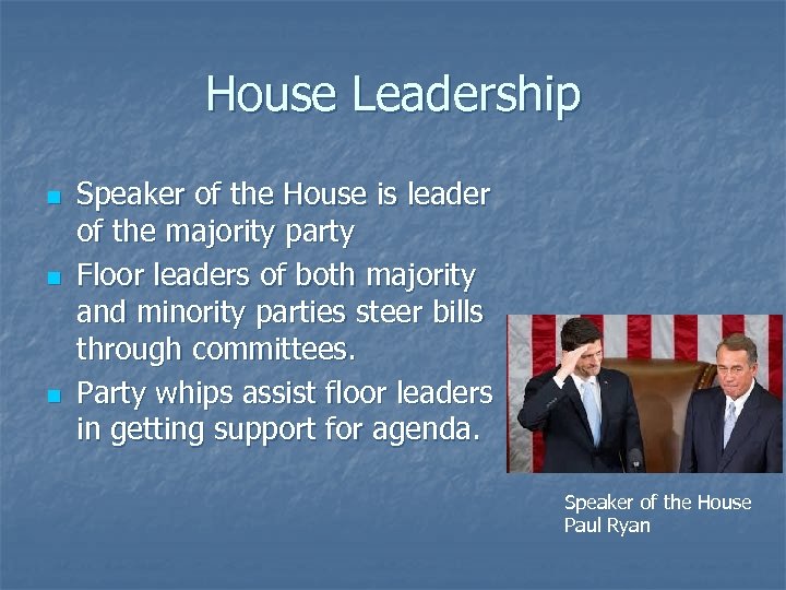 House Leadership n n n Speaker of the House is leader of the majority