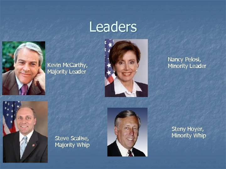 Leaders Kevin Mc. Carthy, Majority Leader Steve Scalise, Majority Whip Nancy Pelosi, Minority Leader