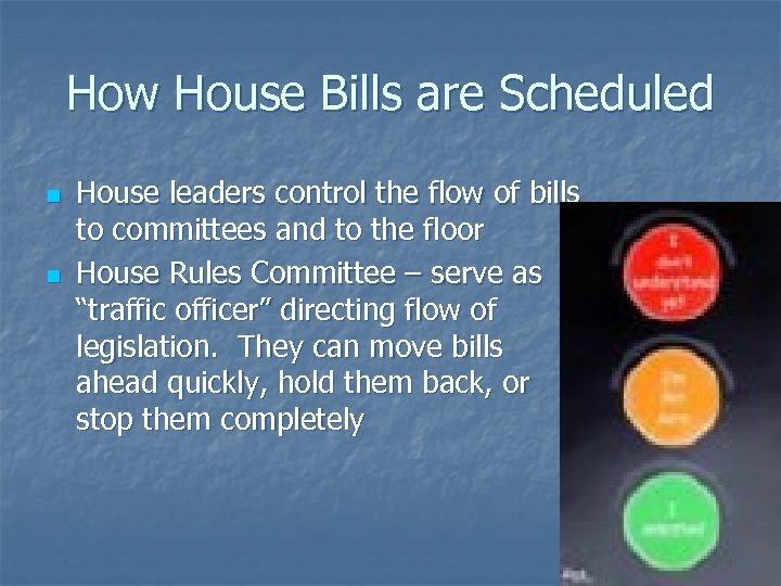 How House Bills are Scheduled n n House leaders control the flow of bills