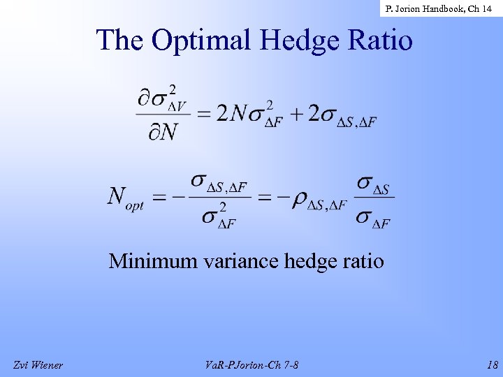 P. Jorion Handbook, Ch 14 The Optimal Hedge Ratio Minimum variance hedge ratio Zvi