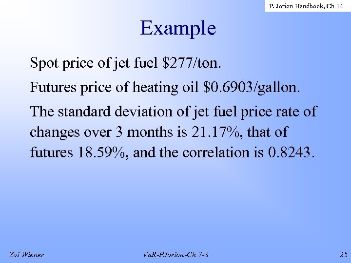 P. Jorion Handbook, Ch 14 Example Spot price of jet fuel $277/ton. Futures price