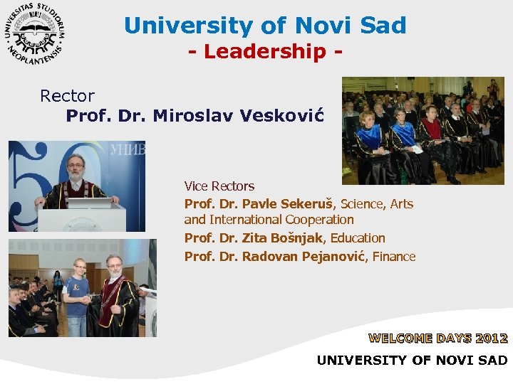 University of Novi Sad - Leadership - Rector Prof. Dr. Miroslav Vesković Vice Rectors